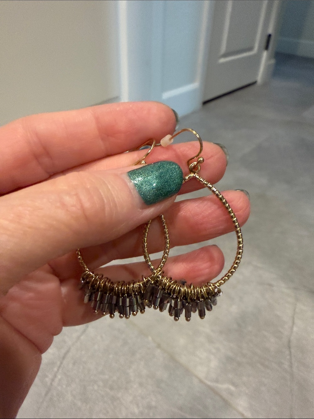Touchstone Crystal Gold Hoop Earrings with Gray Beaded Fringe